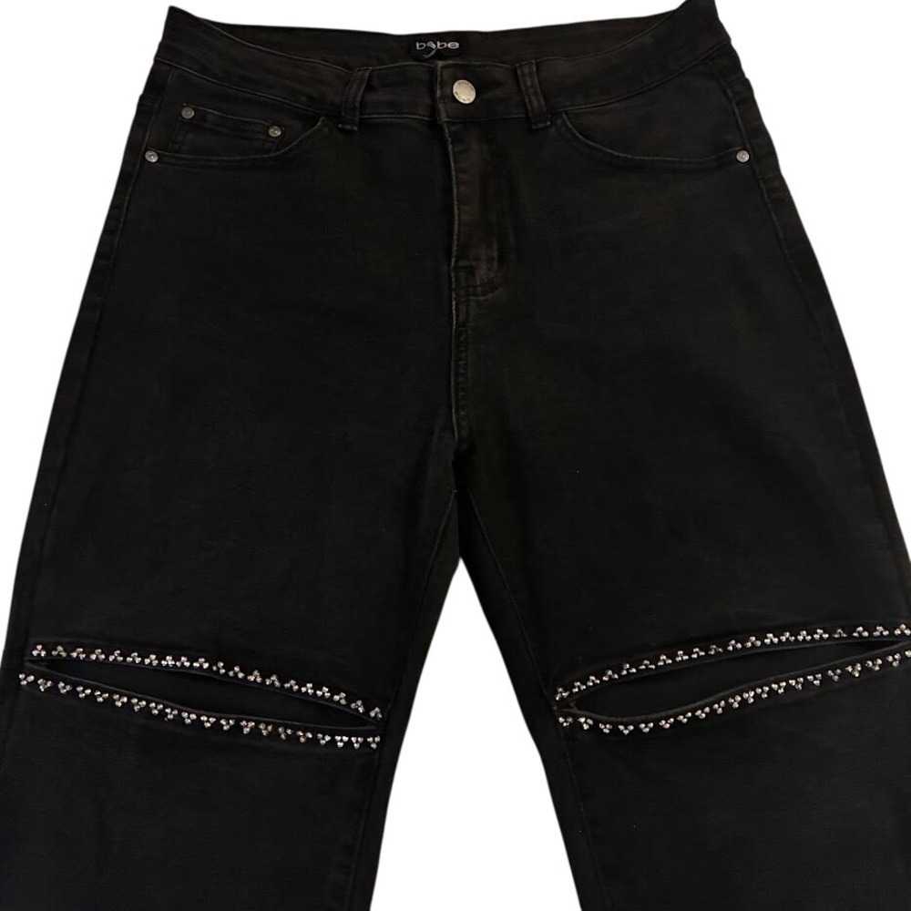 Bebe Black Bling Jeans Size 10 / 30 – Sexy Thigh Slit, Y2K Style, Excellent Cond